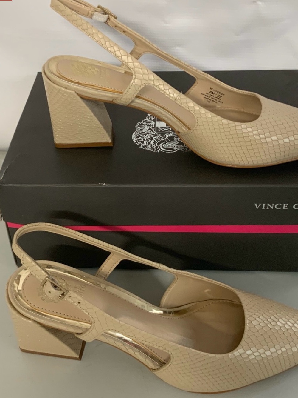 Vince Camuto Beige Textured Pointed-Toe Slingback Pumps - Picture 2 of 8